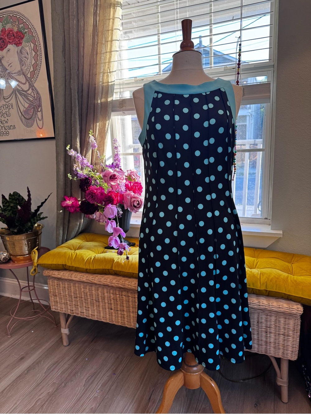 Sleeveless Polka Dot Midi Dress with Teal Blue Accents